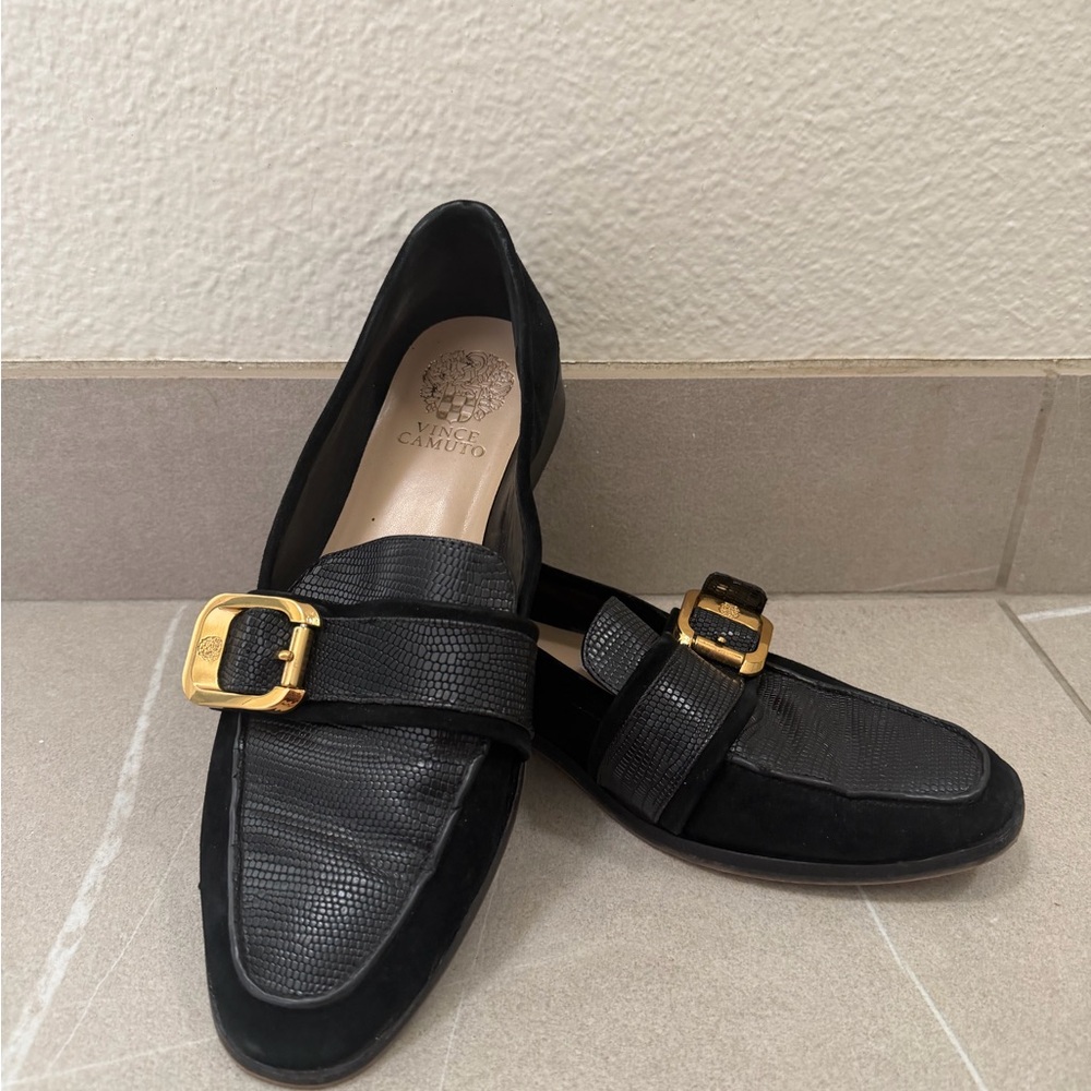 Vince Camuto Black Loafers with Gold Buckle